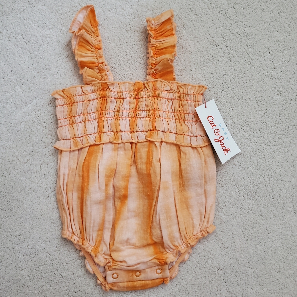 NWT Cat & Jack Baby Girls' Tie-dye Orange Smocked Gauze Jumpsuit Romper sz0-3m